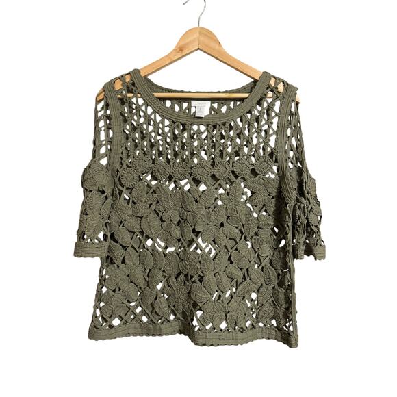 Chico's Olive Green Open Weave Top 1 Medium Size 8 - Picture 1 of 5
